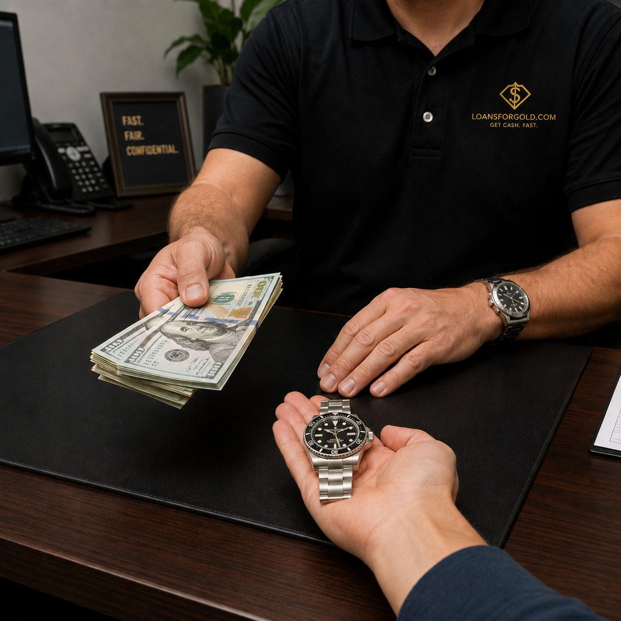 Man in a black polo hands a stack of US $100 bills to a customer across a desk in an office setting.