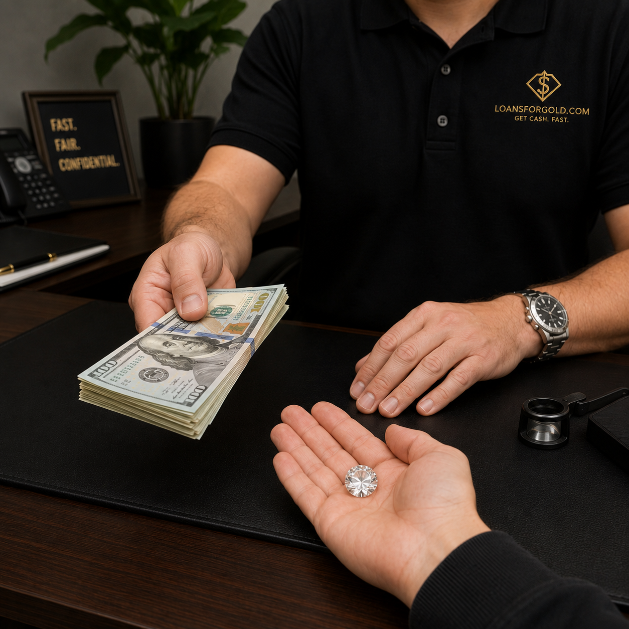 Man in a black polo hands a stack of hundred-dollar bills across a desk.